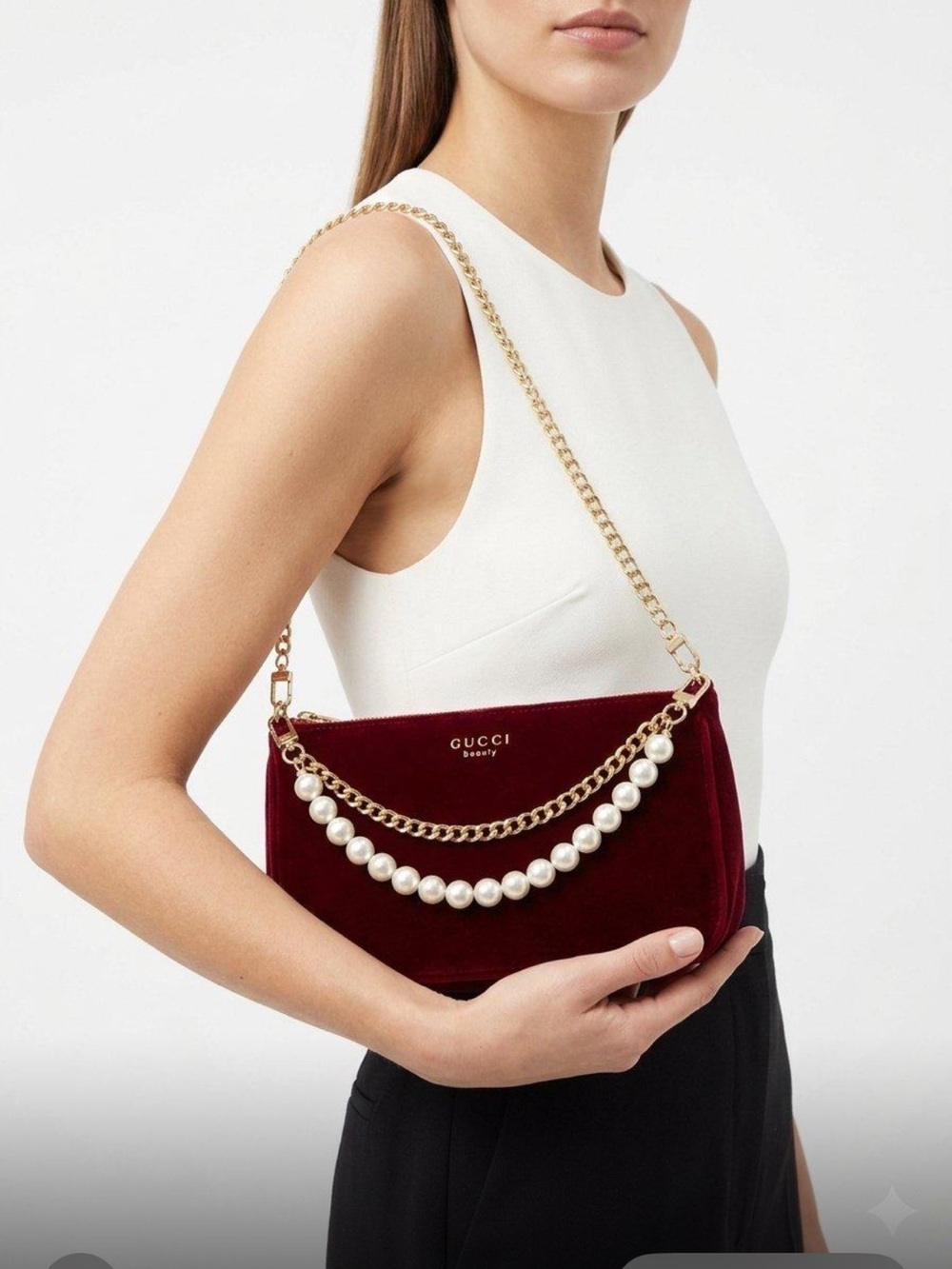 Gucci Burgundy Velvet Shoulder Bag with Pearl & Gold Chain VIP GWP